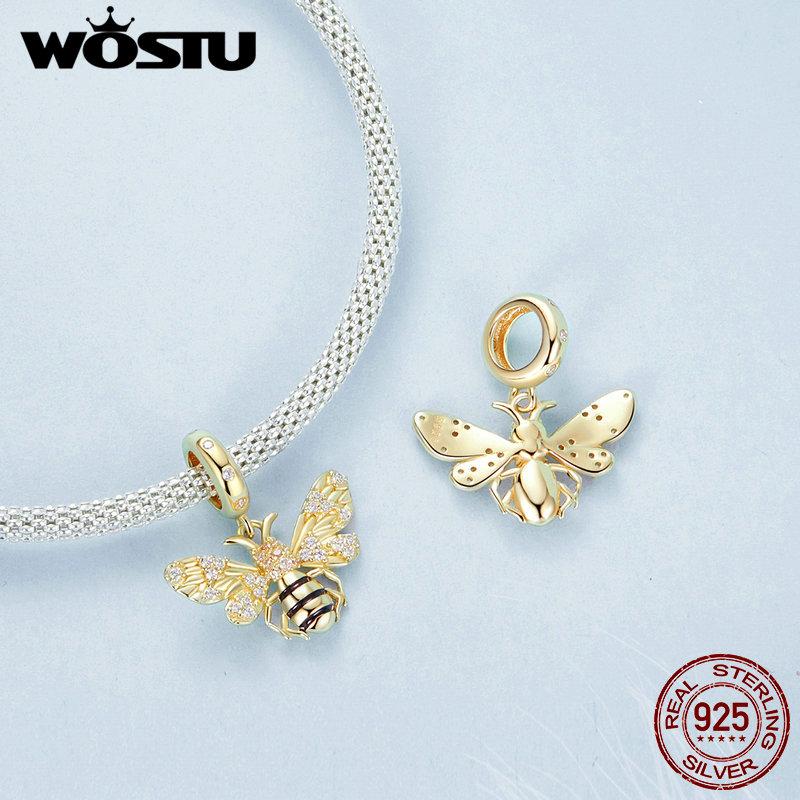 WOSTU 925 Sterling Silver Sun and Moon Charms Detachable Crystal Pendant Yellow Bee Bead Fit Original Bracelet DIY Jewelry Gifts