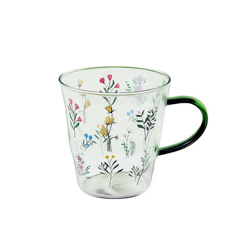 Home Office Glass Coffee Cup with Handle Microwave Safe Large Capacity Flower Pattern Milk Mug Dishwasher Safe 400ml