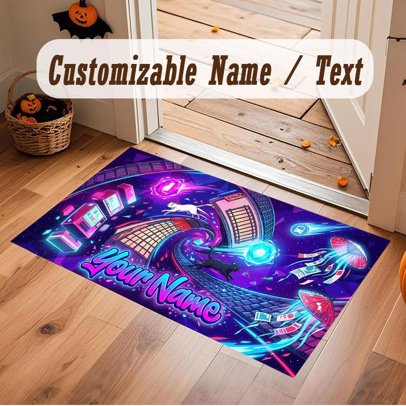 City Cyberpunk Theme Crystal Velvet Floor Rug Personalized Custom Name Text Warm Carpet Home Decoration