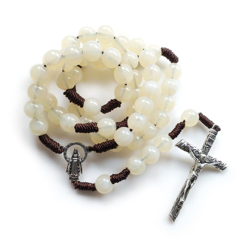 10mm Acrylic Bead Rosary Necklace Vintage Weave Catholic Religious Cross Jesus Pendant Necklaces for Men Women Jewelry Charm