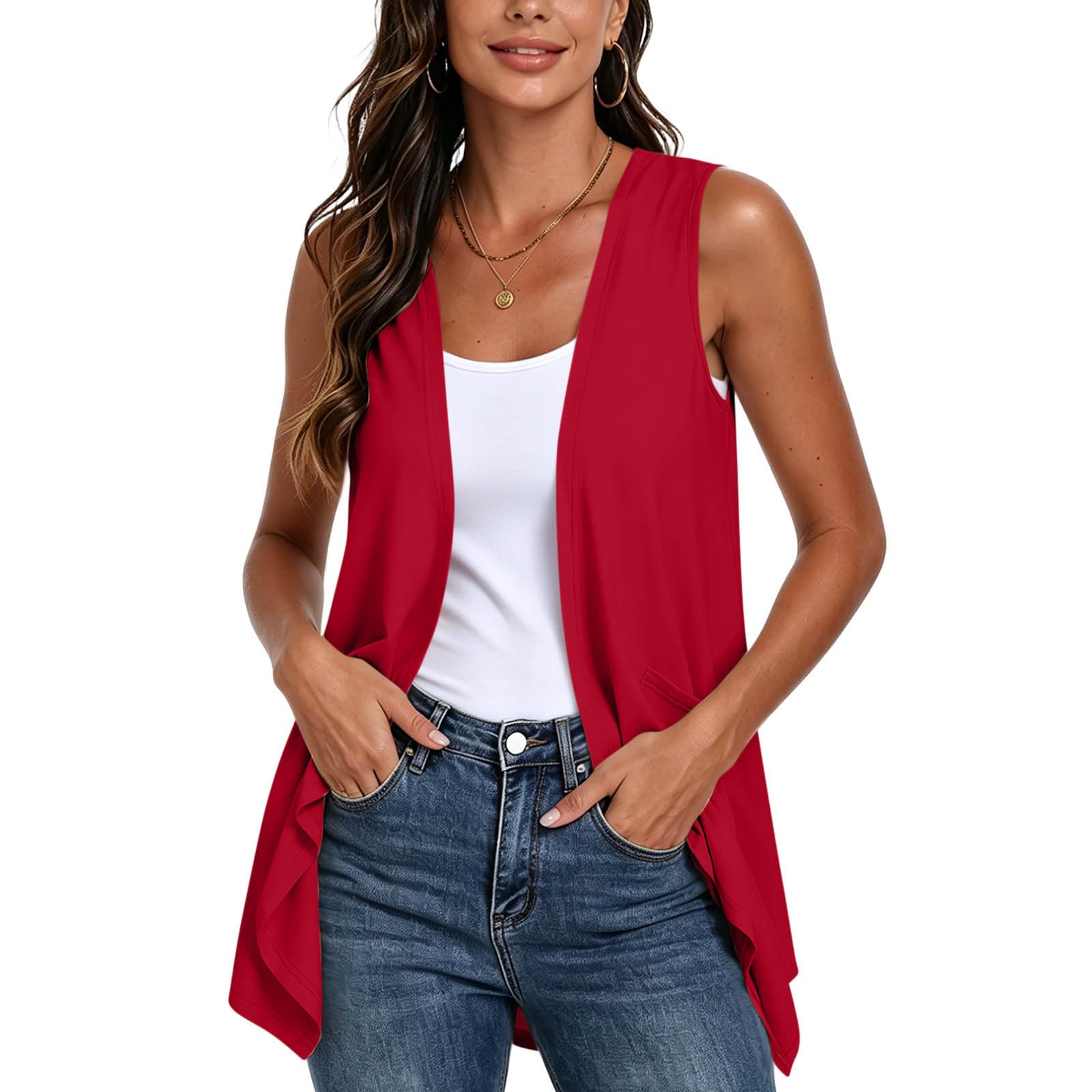 Xingben Six Dames Mouwloos Open Voorkant Vest Lichtgewicht Zomer Vest met Zakken Casual Losse Pasvorm Bovenkleding voor Buitengebruik L rood
