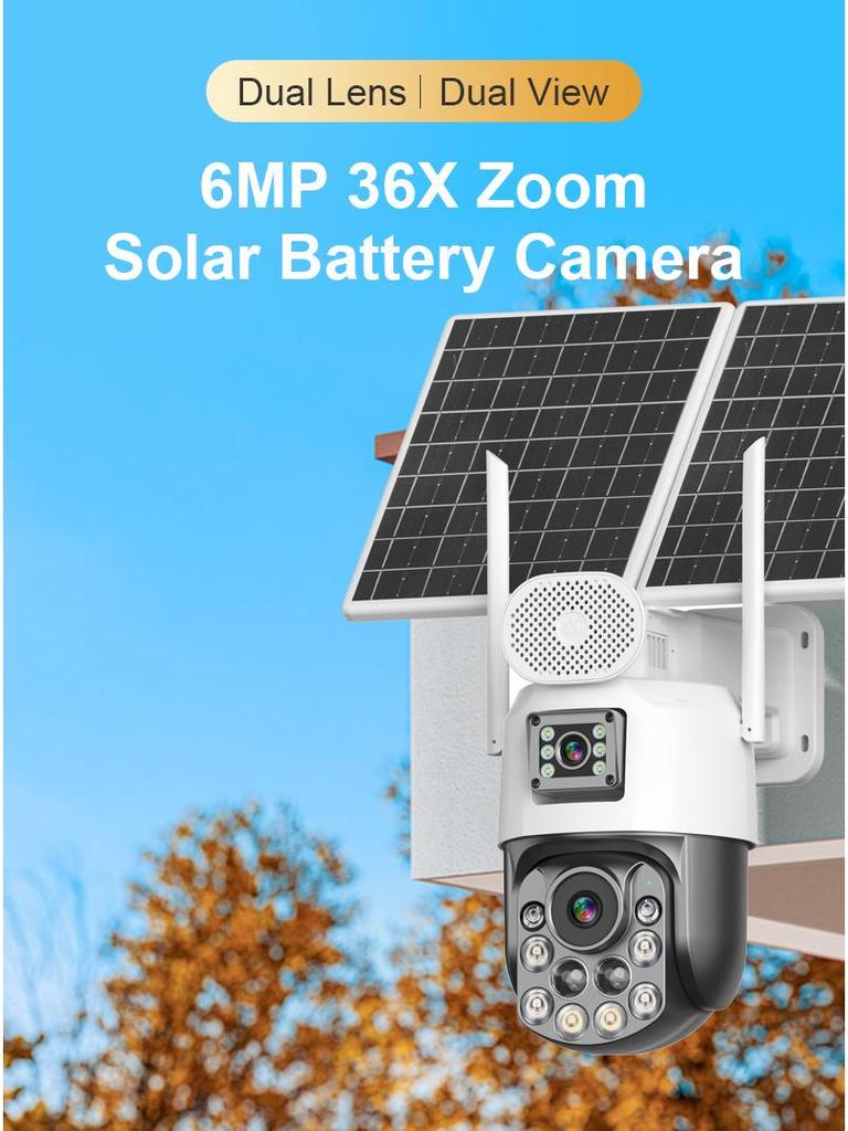 Solar Outdoor PTZ Camera with 36x Zoom & Dual-Screen Humanoid Tracking