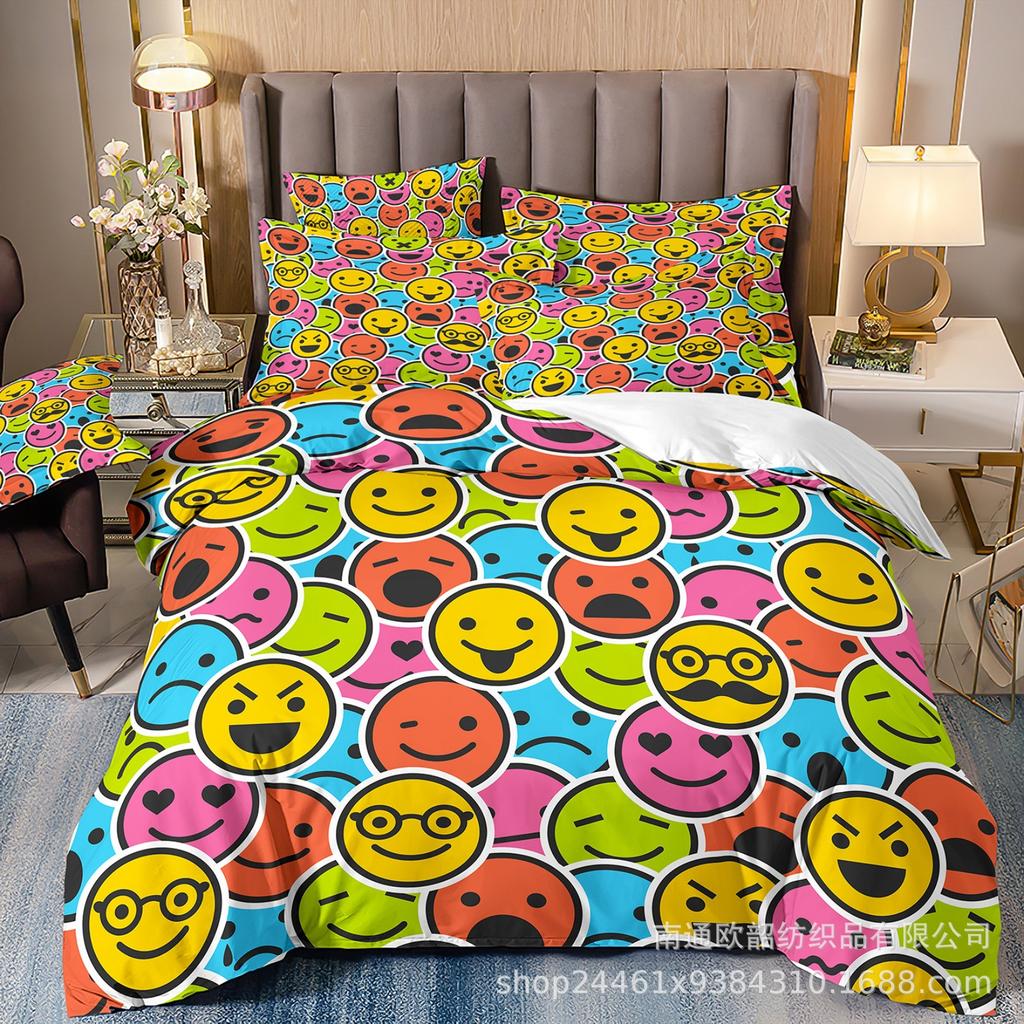 Heiß verkaufte 3D Digitaldruck Hip-Hop Graffiti Smiley Gesicht Bettwäsche Kissenbezug Bettbezug Dreiteiliges Set