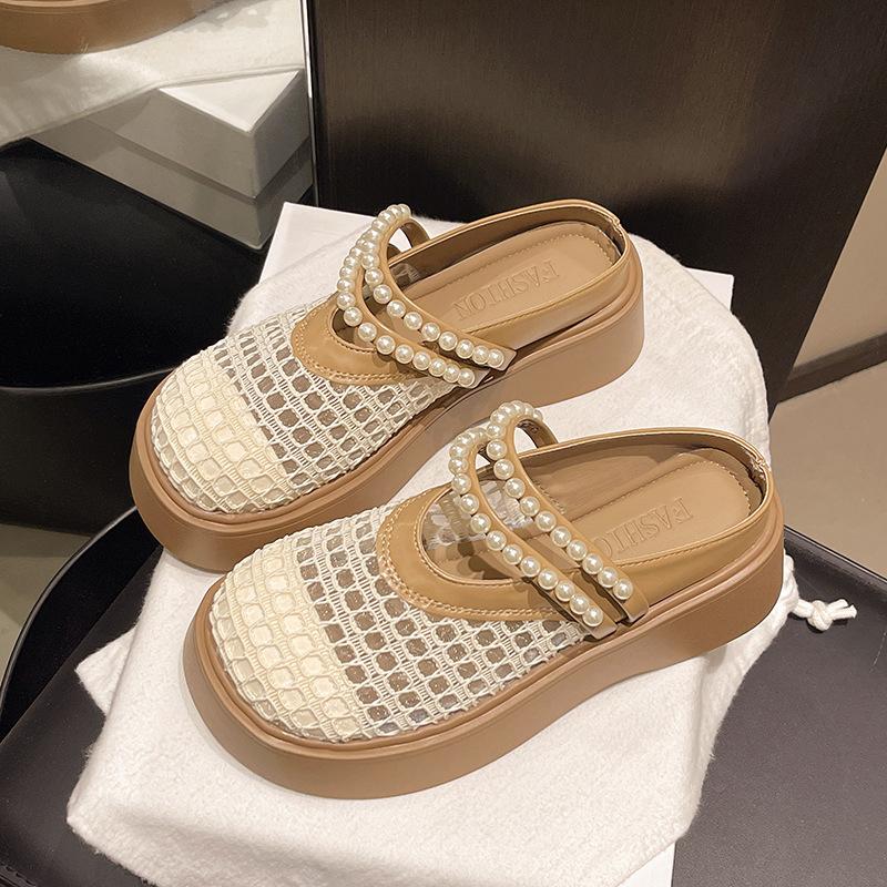 Hollow thick-soled bag head cool slippers women's 2025 summer new beaded comfortable and versatile women's cool slippers