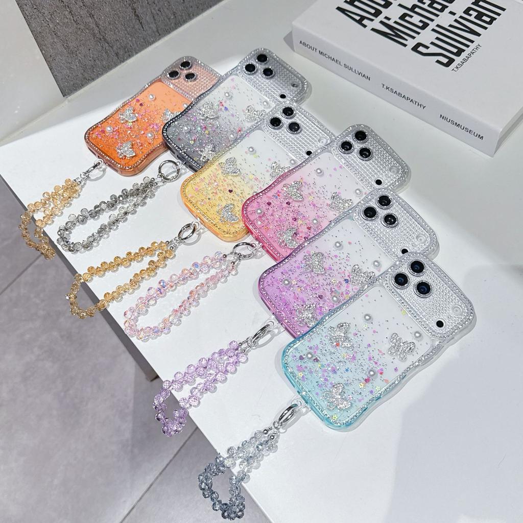 Star diamond Epoxy is suitable for Apple 15PROMAX mobile phone case love glitter with pearl rhinestone butterfly 14Pro.