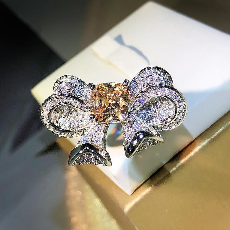 Elegant Three-dimensional Bow Ring  Copper Micro-encrusted Diamond Zircon Ring Cocktail Party Wedding Jewelry