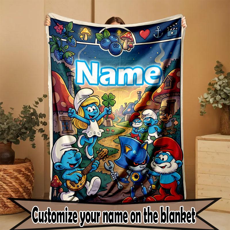 Custom Name Personalized The Smurfs Print Blanket, Home Decor, Bedroom, Sofa, Camping, Couch, Gifts for Birthday Christmas