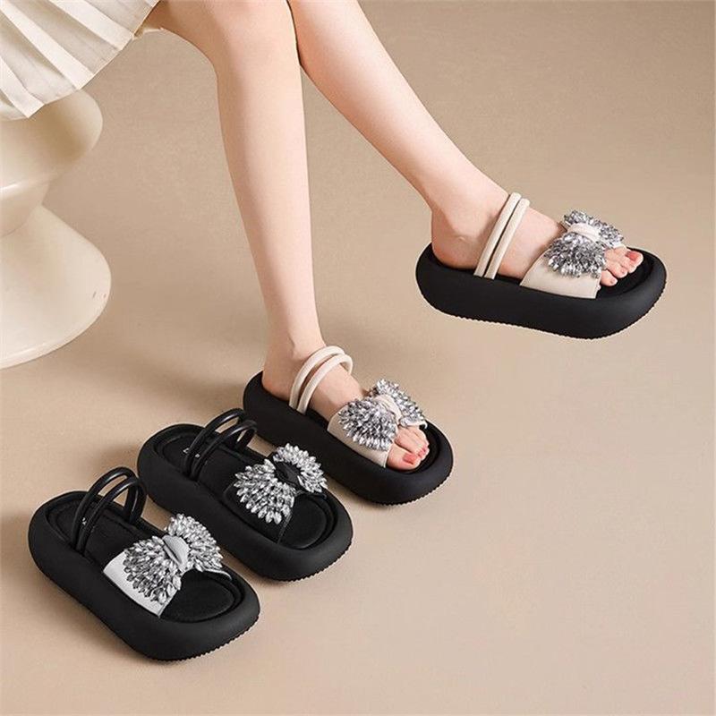 Popular Rhinestone Summer One-word Slippers Women's Outer Wear 2025 High-end Muffin Thick-bottomed Bow Cool Slippers Beach