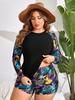 Plus Size Colorful Feathers Long Sleeve Split Racing Swimsuit for Women
