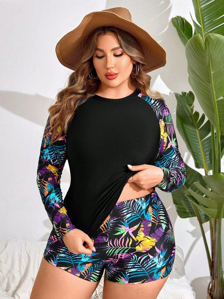 Plus Size Colorful Feathers Long Sleeve Split Racing Swimsuit for Women
