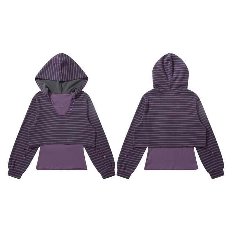 Hooded Striped T-Shirt Black Purple Loose Fit Long Sleeve Fall Winter Streetwear