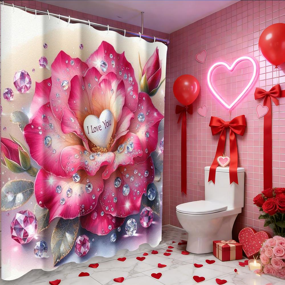 Valentine's Day Love Rose Heart Pattern Bathroom Shower Curtain With 12 Hooks Home bathroom decor and accessories