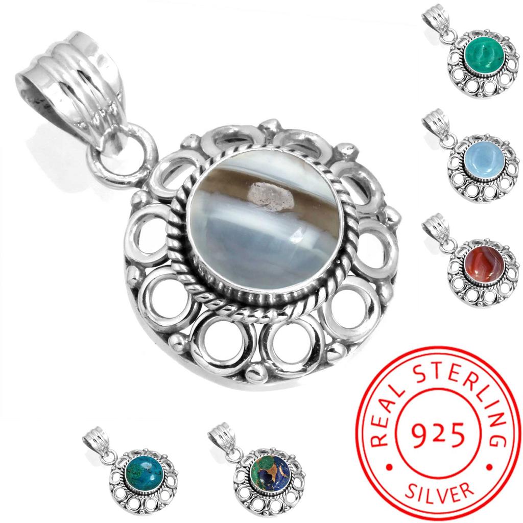 925 Sterling Silver Pendant Women Gemstone Handmade Jewelry Halloween Gift Amazonite Angelite Blue Opal Botswana Agate Mohave Azurite Chrysocolla