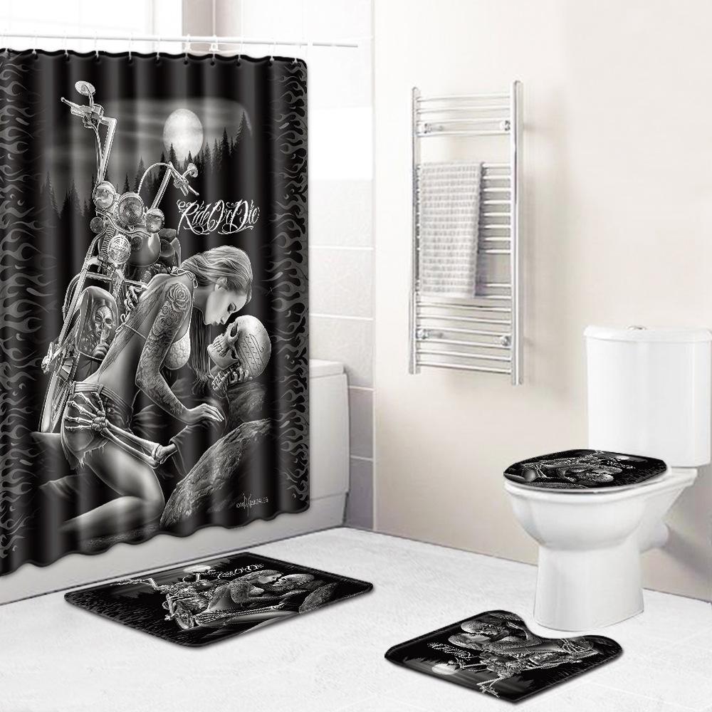 Thriller Skull Print Bathroom Non-Slip Floor Mat Shower Curtain Combination Carpet European And American Style