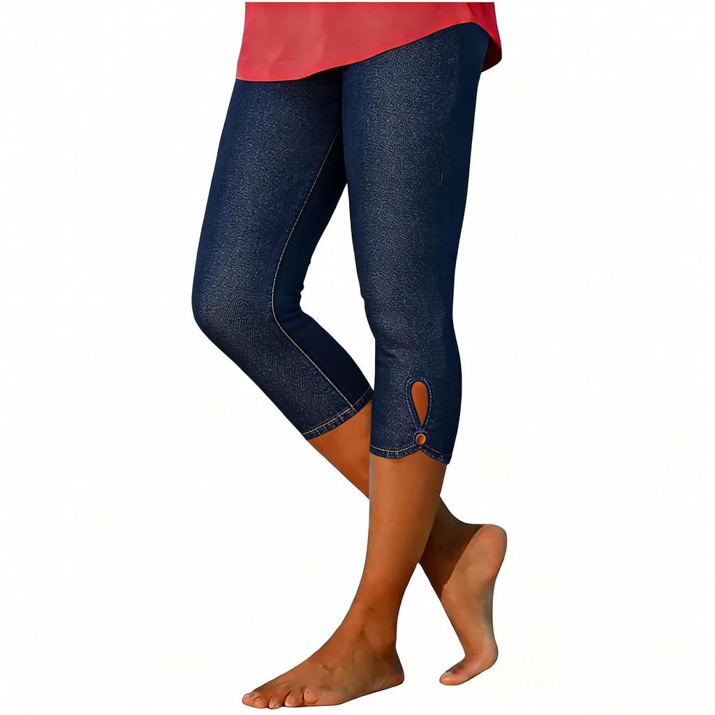 Women's Fashionable Color Bottom Cropped Pants With Hollowed Out Petals And Tight Elastic Imitation Denim Casual Pants