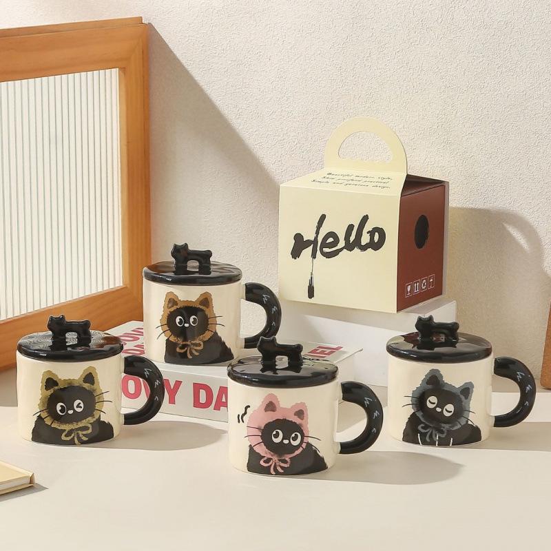 Adorabile Tazza Gatto con Coperchio - Tazza da Caffè in Ceramica per Regalo d'Ufficio per Ragazze