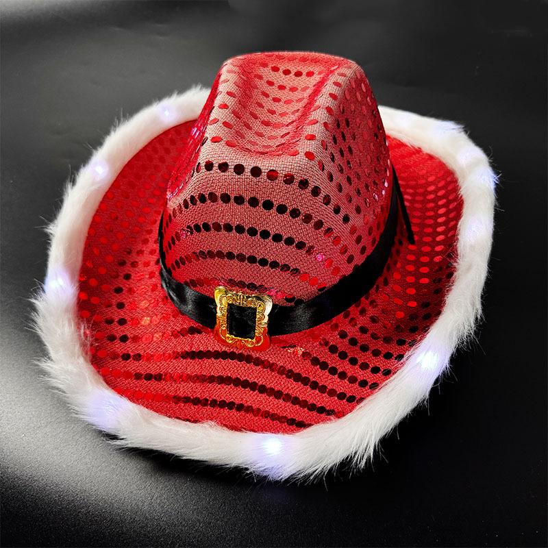 Red Sequin with White LED Light Cowboy Hat Santa Claus Black Ribbon Gold Buckle Western Top Hat with Light Hat
