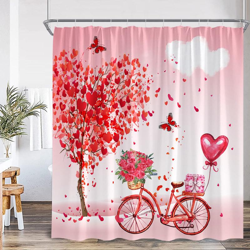Valentine'S Day Shower Curtain Red Heart Rose Flowers Bicycle Petals Lovers Gift Fabric Home Bathroom Curtains Decor With Hooks