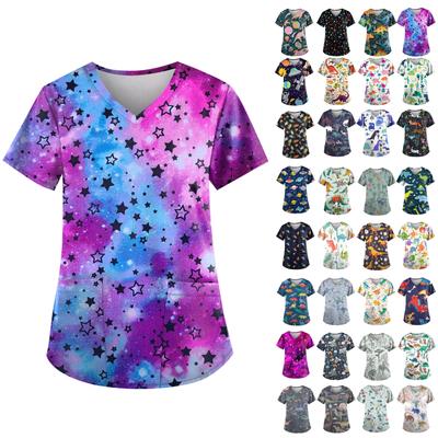 Uniforme de lucru cu imprimeu de dinozaur de mărime Plus Topuri pentru femei Tricouri cu mâneci scurte cu decolteu în V Îmbrăcăminte de lucru Tricou cu buzunare