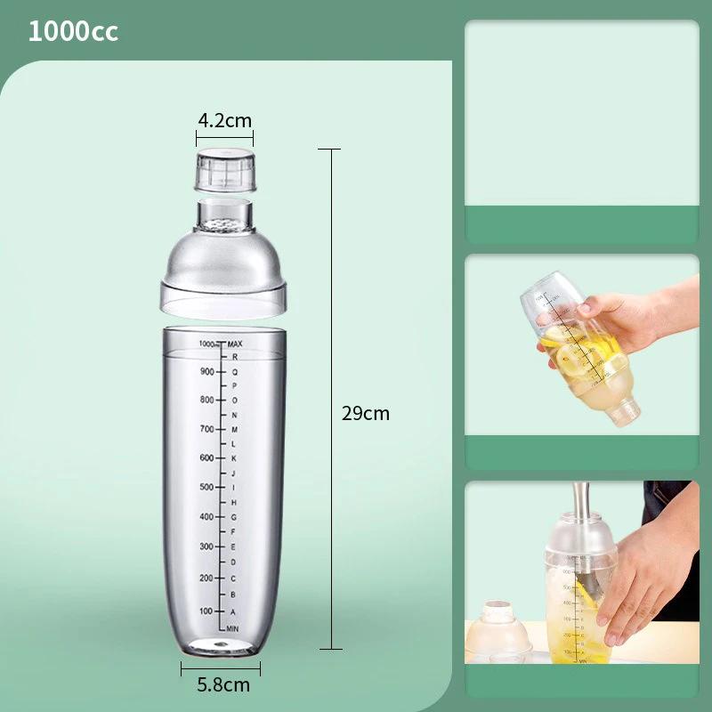 Plastic Cocktail Shaker Drink Mixer with Scale Thickened PC Material Milk Tea Shake Bottle 350/500/700/1000ML Bar Mixing Tool