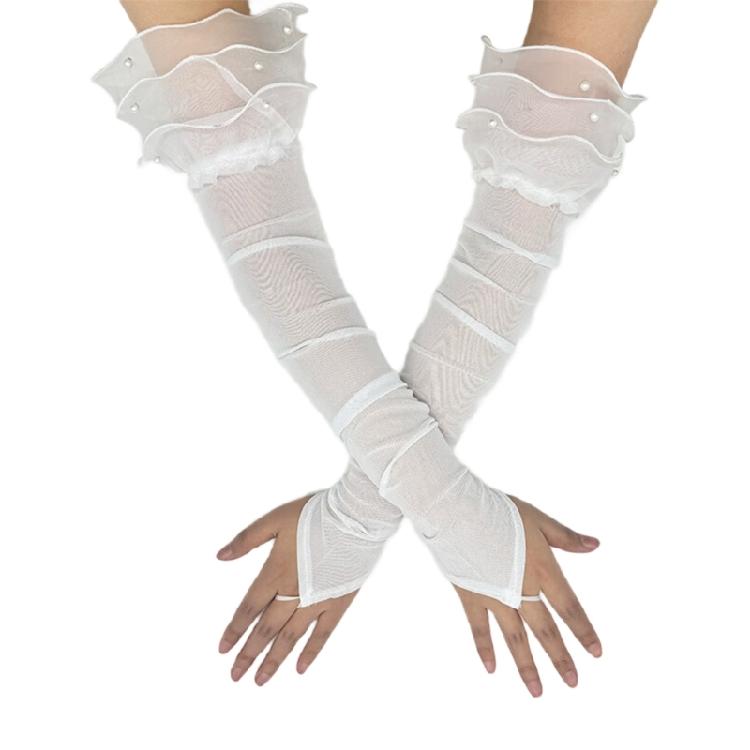 Antique 1920s Theme Party Long Fingerless Gloves with Bead Decors Sheer Gloves for Weddings Flapper Costume Accessory
