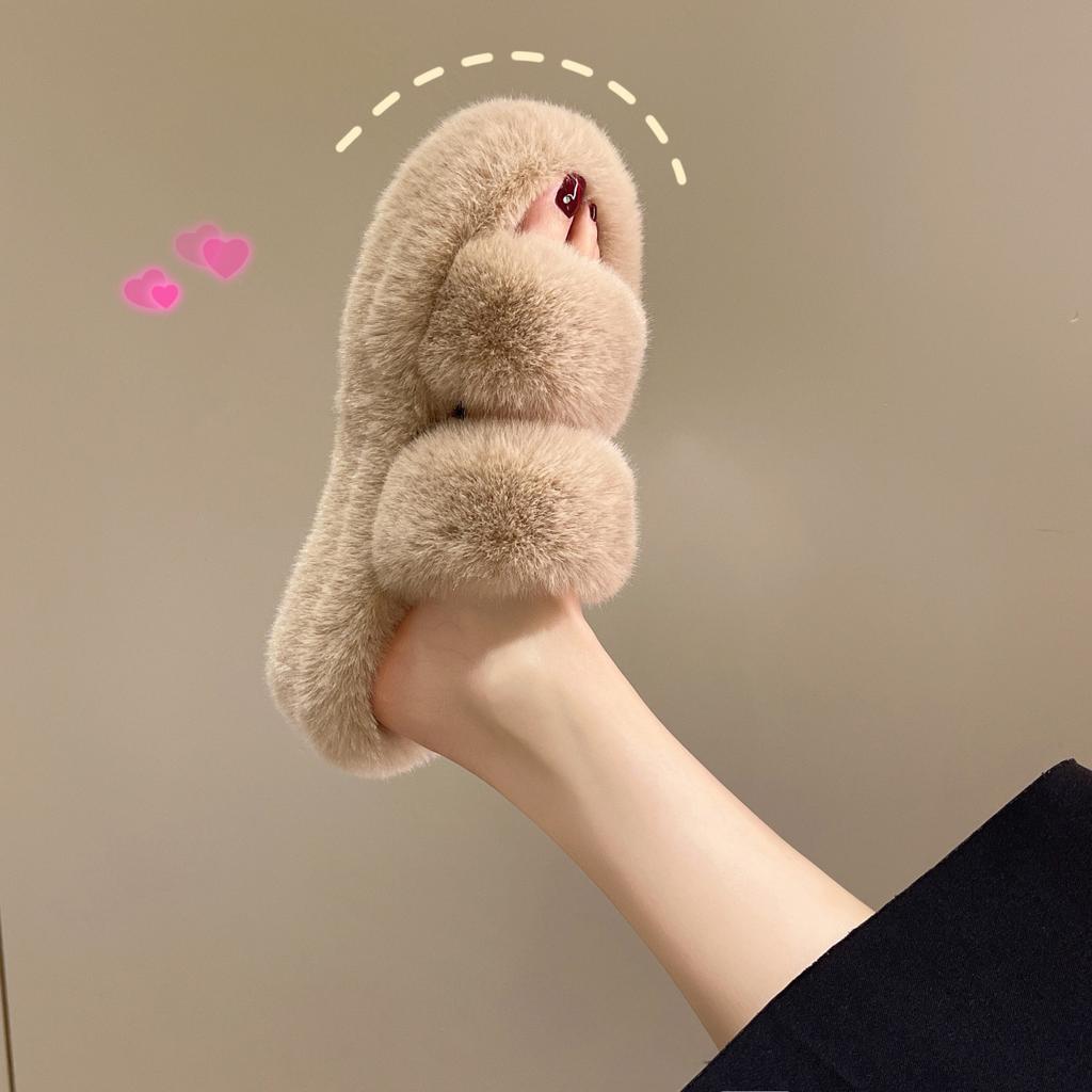 Autumn and Winter New Mao Mao Slippers Women's Large Size Casual Thick Bottom Double Strip with Comfortable Home Drag