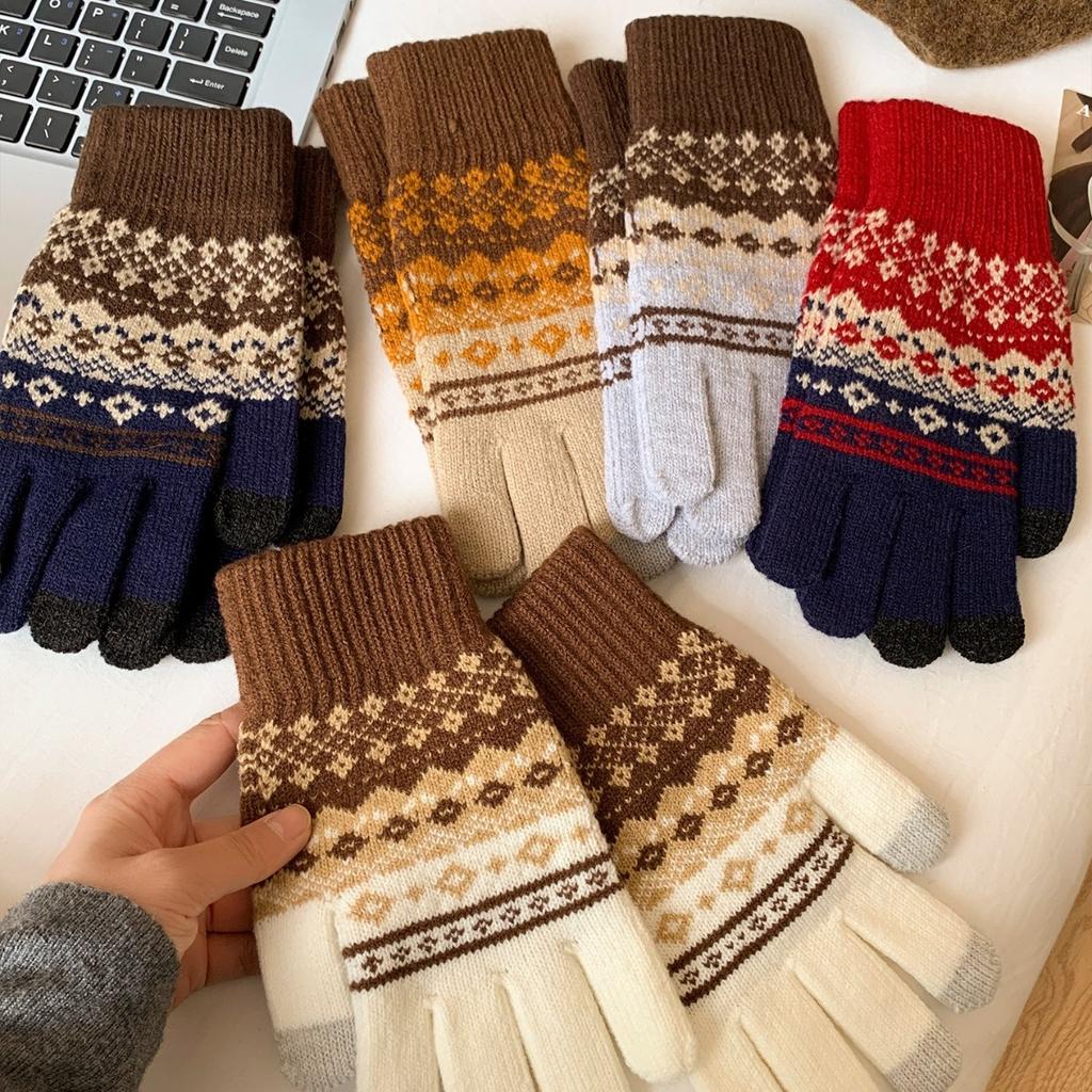 Fair Isle Style Touch Screen Jacquard Split Finger Woolen Knitted Gloves for Women To Keep Warm in Winter Ride Freeze and Cold Versatile