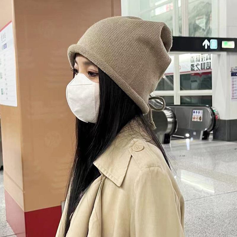 Pile Hats Women's Autumn and Winter Versatile Warm Hemming Knitted Cold Hats Big Head Circumference Showing Face Small Wool Hats