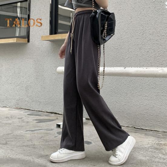 Pantaloni pentru femei cu talie înaltă elastică, cu șnur ajustabil, pantaloni lungi, culoare uni, drepte, cu picior lat, pantaloni ocazionali, ținute zilnice