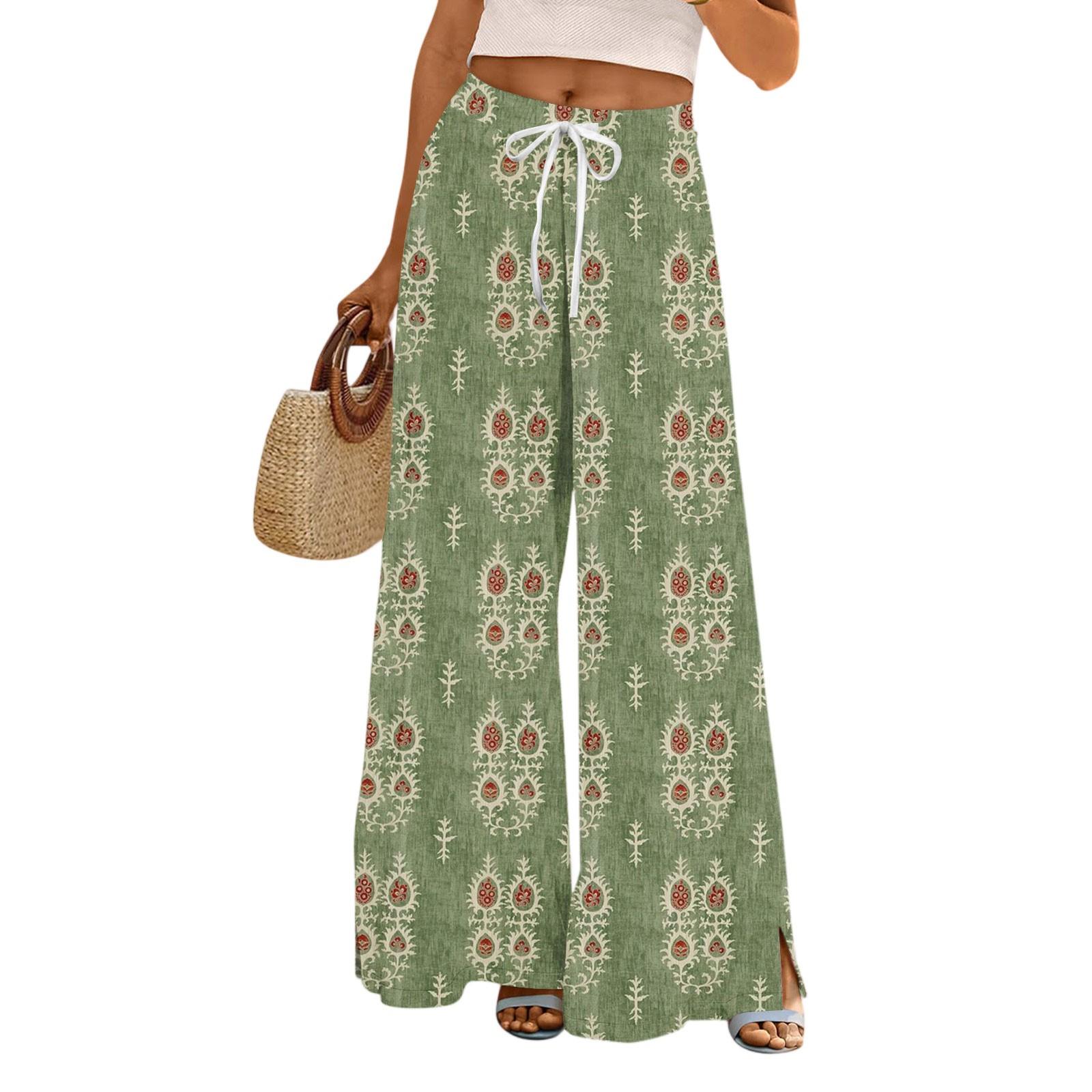 

Women s Printed Wide Leg Pants With Pockets High Waist Drawstring Loose Casual Pants L армія зелений колір