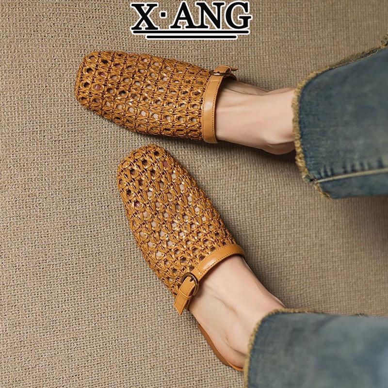 Lammfell-Version handgewebte hohle atmungsaktive Tasche Kopf Halbschuhe Oberbekleidung Sommer Dicke Ferse Schuhe Niedrige Ferse Einzelne Schuhe