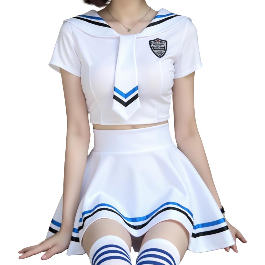 [Rhowena] Sailor Uniform Cosplay Sexy Costume Cute School Uniform White Short-Sleeve Skirt Stockings 3-Piece Set Plus Size Sailor Outfit Cosplay