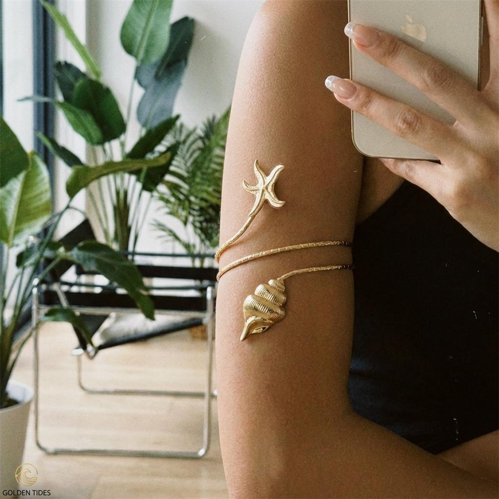 Boho Gold Color Starfish Shell Upper Arm Cuff Bracelet for Women Trendy Metal Conch Adjustable Open Bangle Beach Party Jewelry