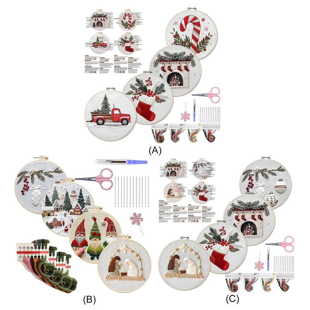 4 Sets Christmas Embroidery Kits with Needles Thread Pattern & Instructions Handmade Sewing Xmas Crafts Set for Beginners Adults