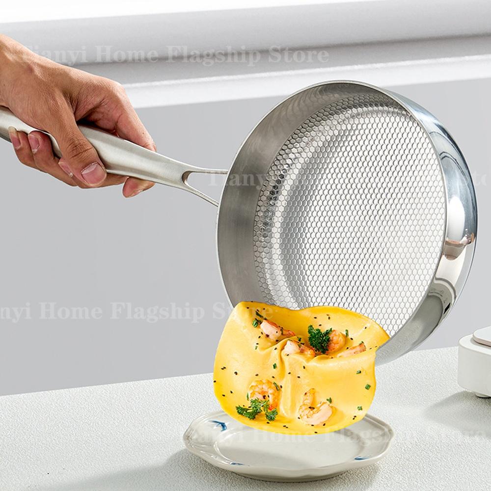 304 Stainless Steel Frying Pan Wok Non-stick Household Cooking Pot Egg Fried Steak Gas Stove Induction Saucepan Kitchen Cookware