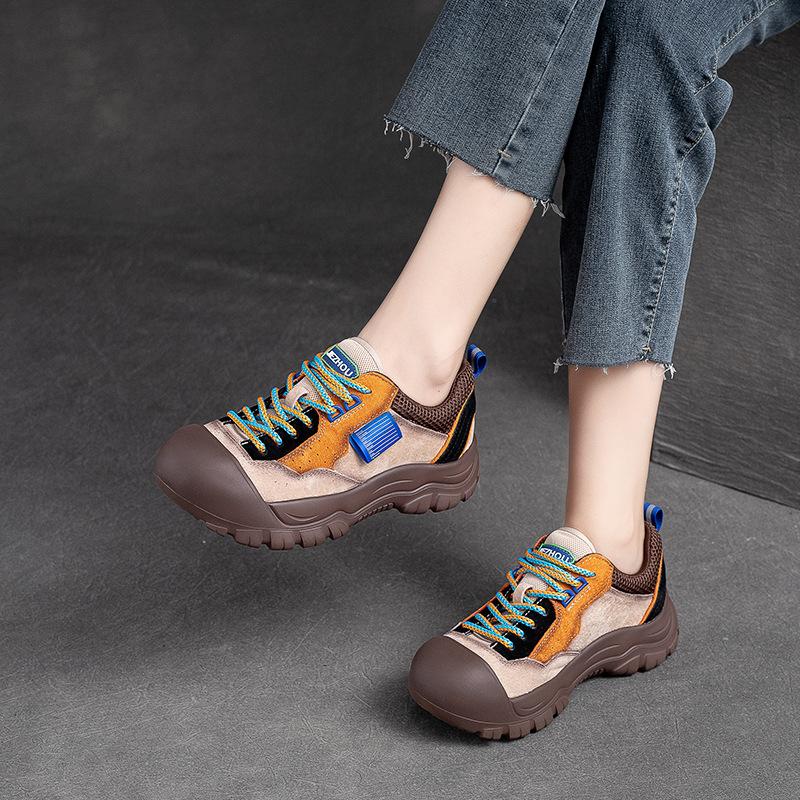 Damen Farblich Abgesetzte Runde Zehenpartie Schnürung Freizeit-Schuhe Retro Sport-Sneaker mit EVA Dicksohle Bequeme Lauf-Flats
