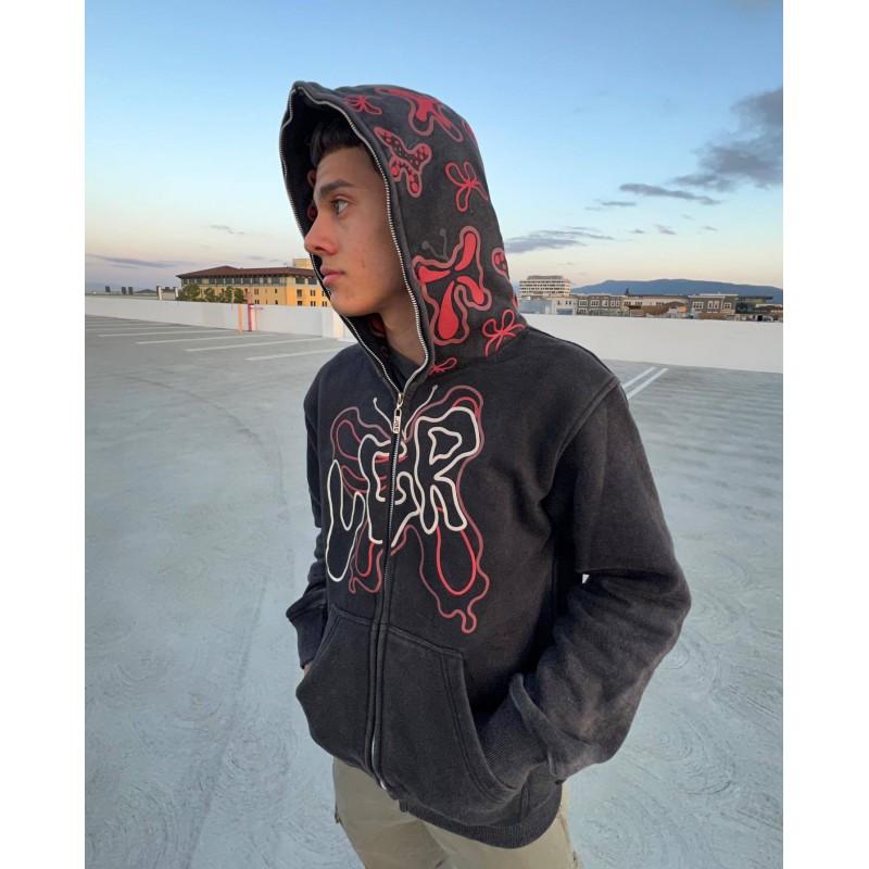 Printed Hooded Zip-Up Oversized Sweatshirt Unisex Casual Long Sleeve Pullover Jacket