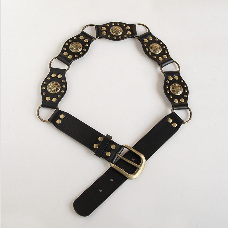 Vintage Western Style Faux Leather Belt With Spliced Carving And Unique Buckle For Fashion Women