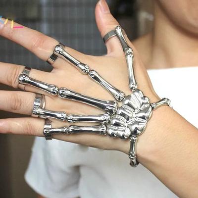 Mode Gothic Skelett Hand Knochen Armband mit Ring Unisex Punk Verstellbarer Armreif Halloween Party Accessoires