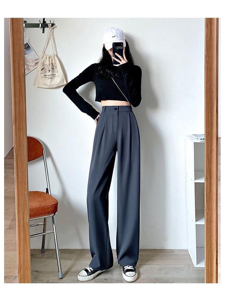 Milk Tea High Waist Wide-Leg Draped Trousers - Women's Floor-Length Casual Pants