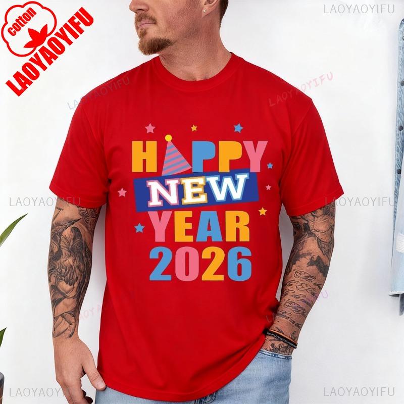 Happy New Year Colorful 2026 with Stars Adult TShirt Crew Neck Short Sleeve Cotton Top All Seasons Casual Fashion Comfortable