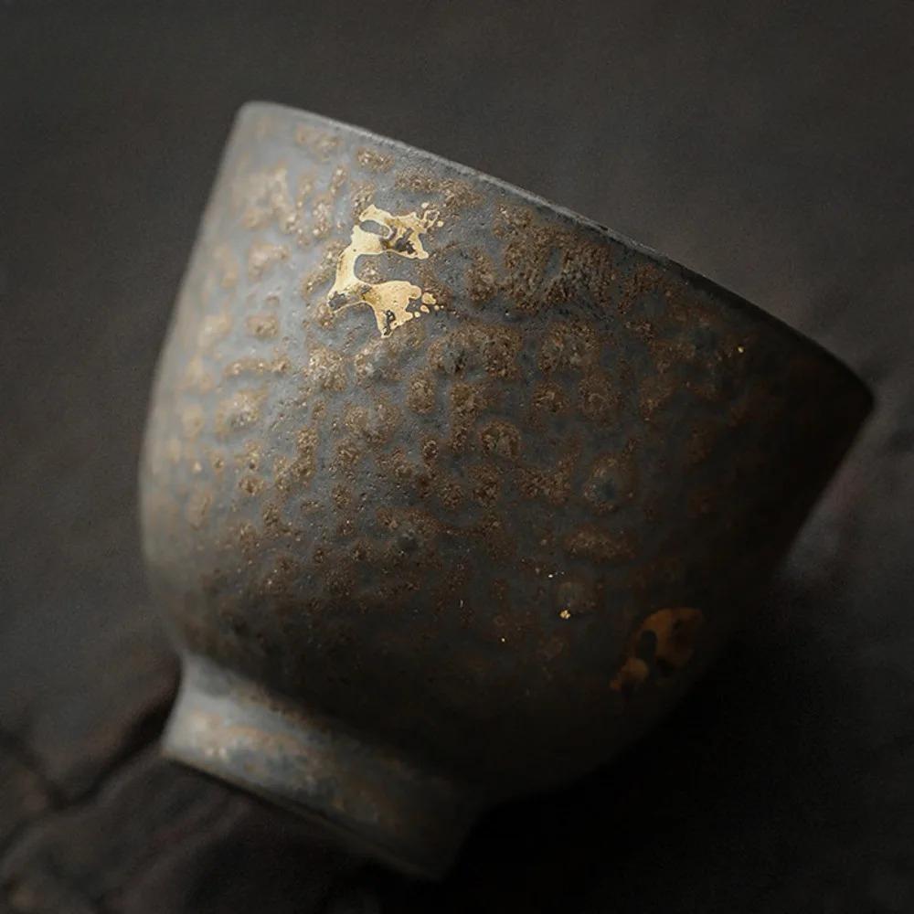 Handmade Sprinkle Gold Coarse Teacup Retro Rust Glazed Master Cup Cup Saucer Set Tasting Tea Bowl with Cushion Kung Fu Teaset