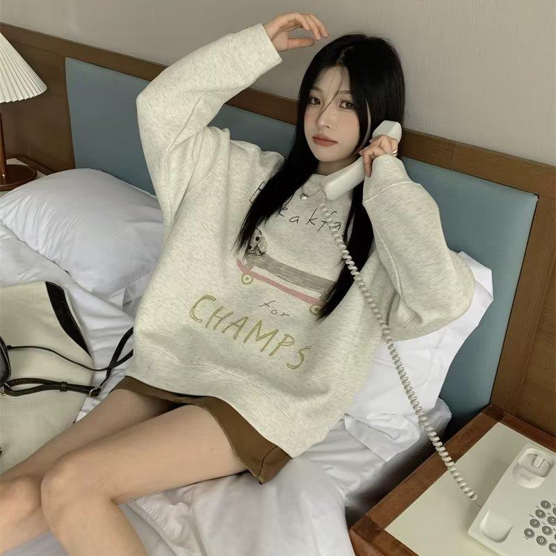 Women Cartoon Print Sweatshirt Casual Long Sleeve Crewneck Pullover Tops Loose Sweatshirts Letters Printed Hoody