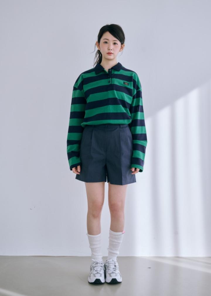 BYSEOWOO Rugby T-Shirt Striped Long Sleeve T-Shirt (Green)