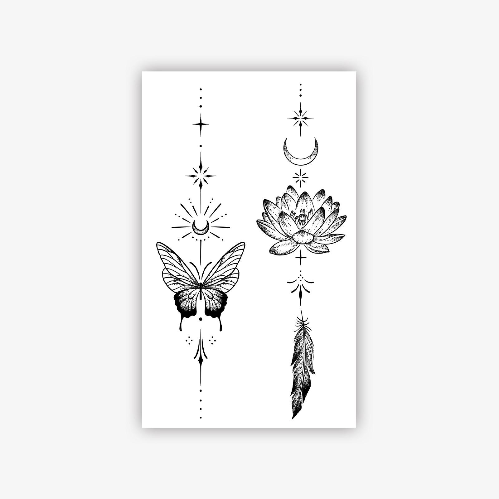

Lotus Butterfly Star And Moon Matching Tattoo Sticker, Black And Gray Minimalist And Advanced Sense, Girlfriend Symmetrical Waterproof Sticker 11*18CM