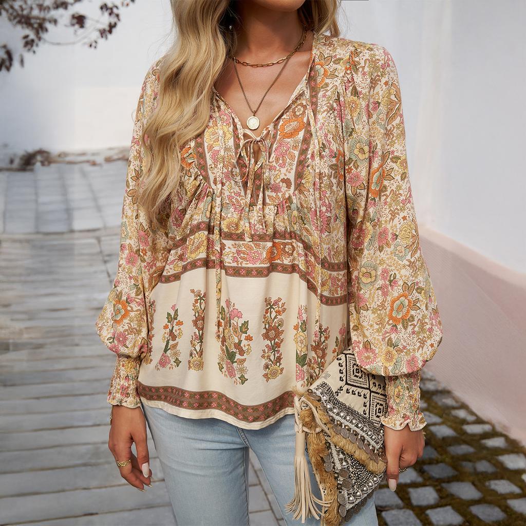 2025 Autumn, Bohemian Vacation Style, Printed, Lace Up, Long Sleeved Top, Women's Shirt, Casual Wear, Comfortable Top