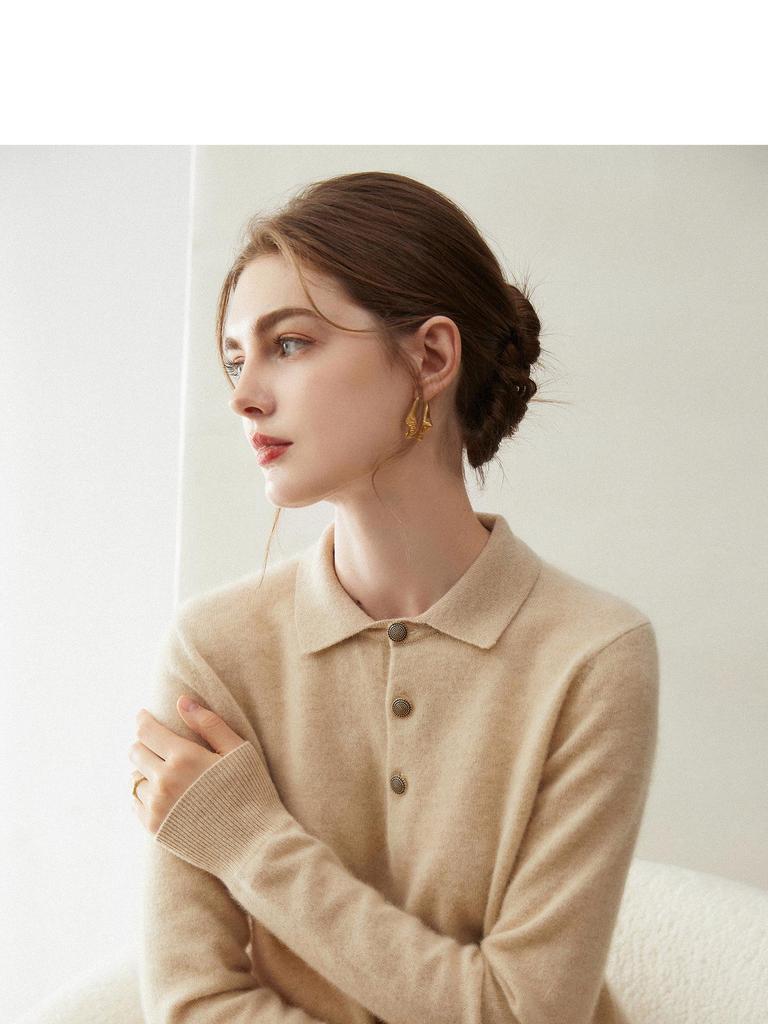 Women's 100% Pure Cashmere Lapel Sweater, Loose Fit, Long Sleeve Knitwear Top for Autumn/Winter