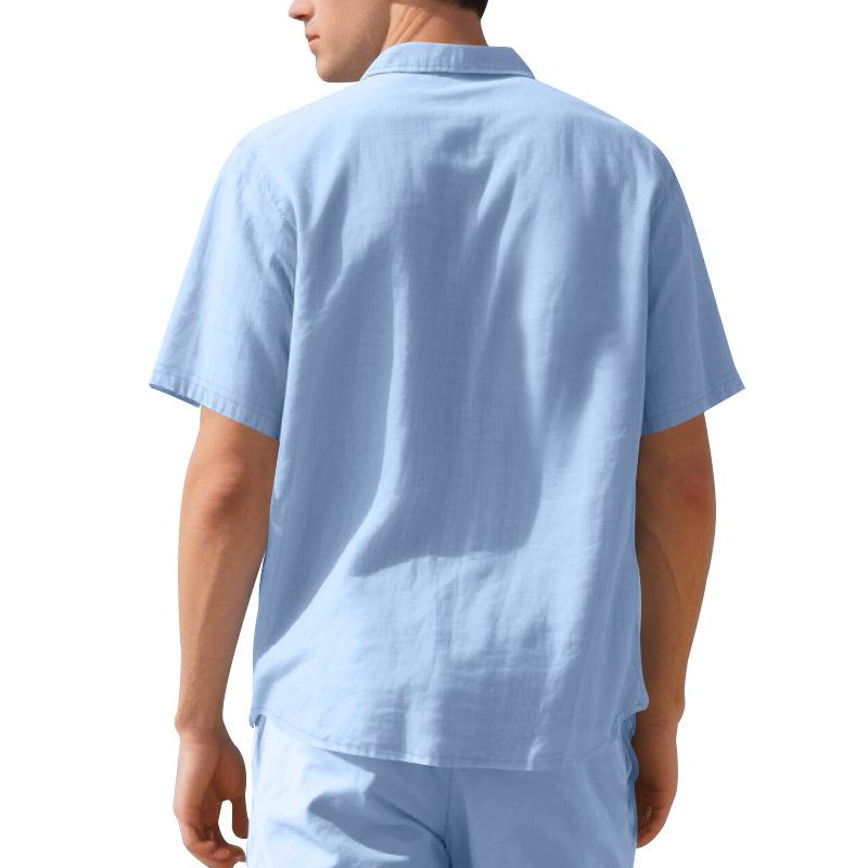 Herren locker lässig einfarbig Leinen Kurzarm Hemd mit Knöpfen und Brusttasche