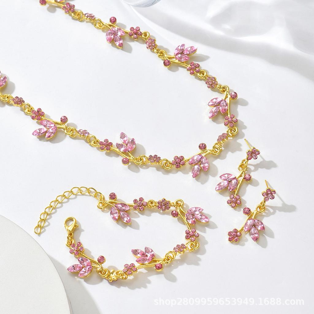 Diamond-encrusted Flower Necklace, Earrings, Bracelet, Women's Niche Design Sense Ins Wind Pink Set.