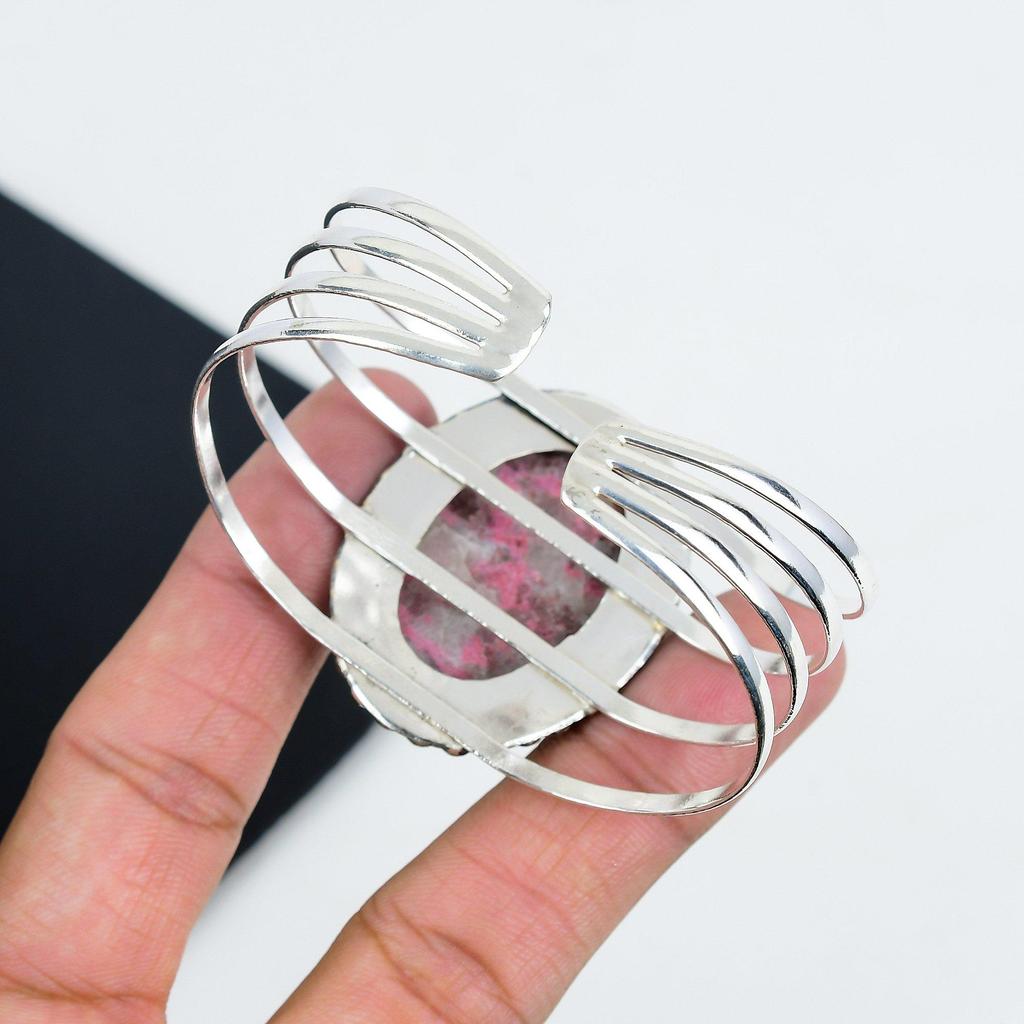Natural Pink Thulite Gemstone Handmade 925 Sterling Silver Cuff Bangle, Pink Thulite Bangle,For Wife, Unisex Bangle, Gifts For Party Wear